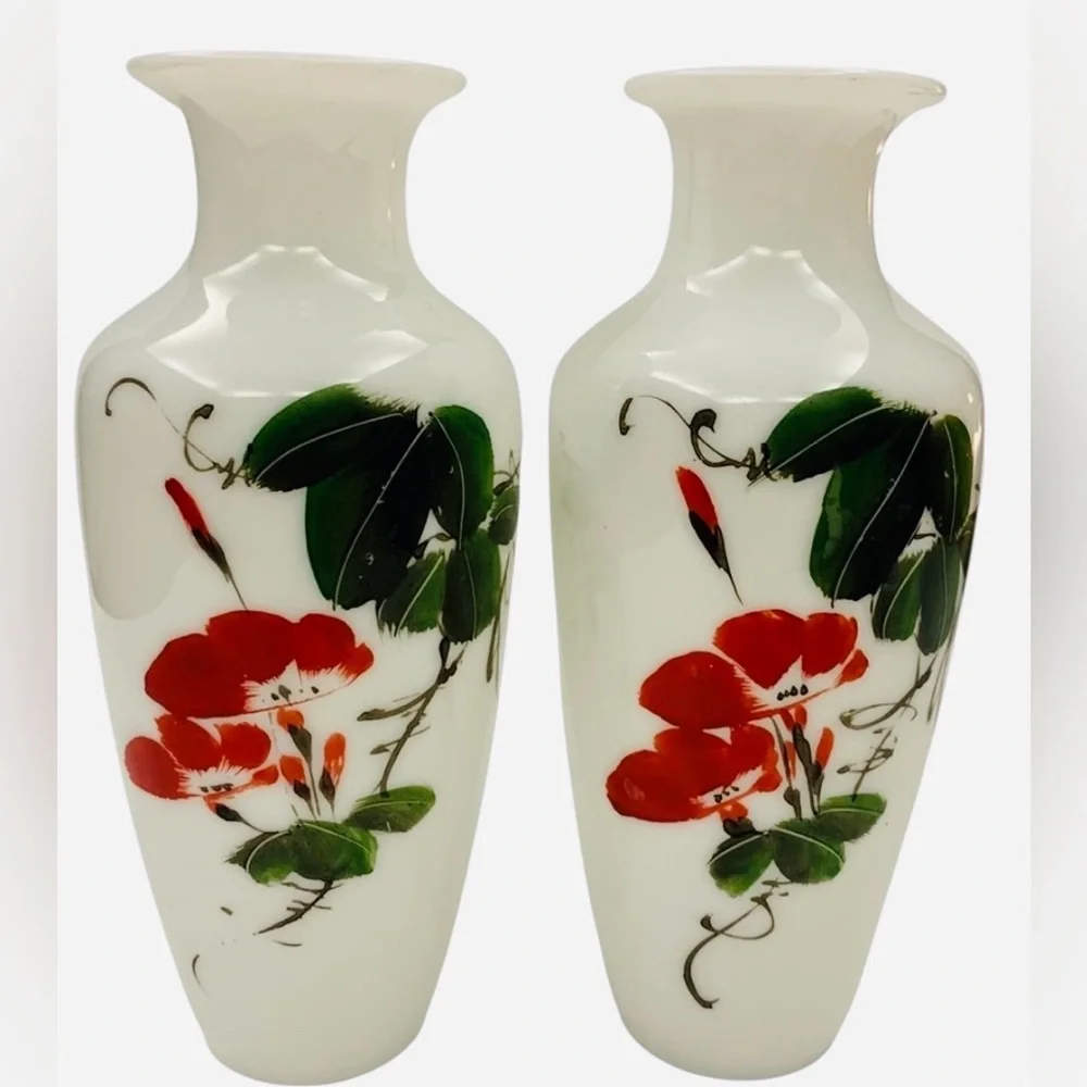 Early 19th Century France, Opaline Hand Blown,Hand Painted Vases Green, Red 8”